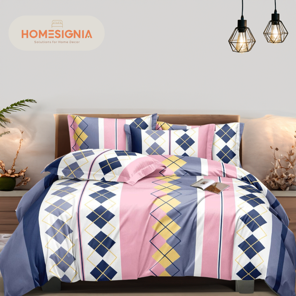 Pink & Navy Geometric Double Bedsheet with 2 Pillow Covers