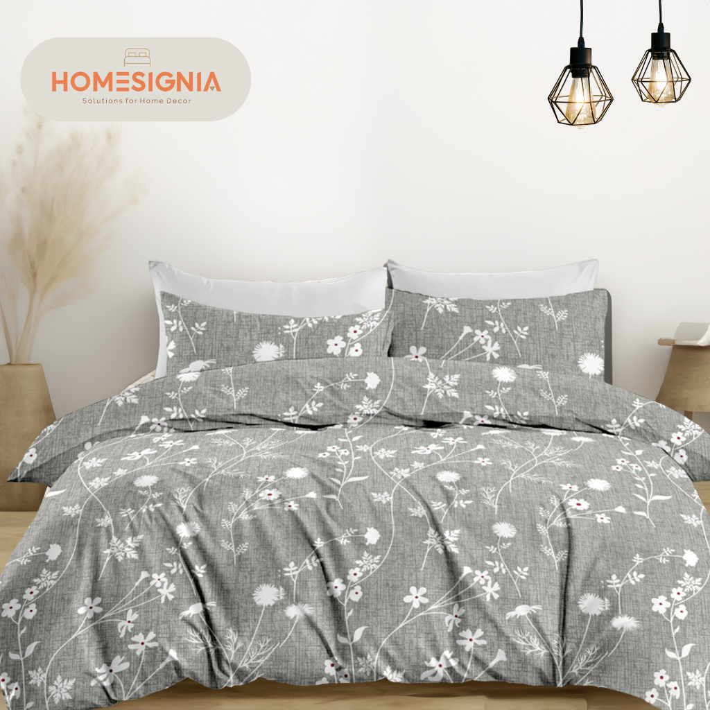 Elegant Grey Floral Cotton Double Size Bedsheet with 2 Pillow Covers