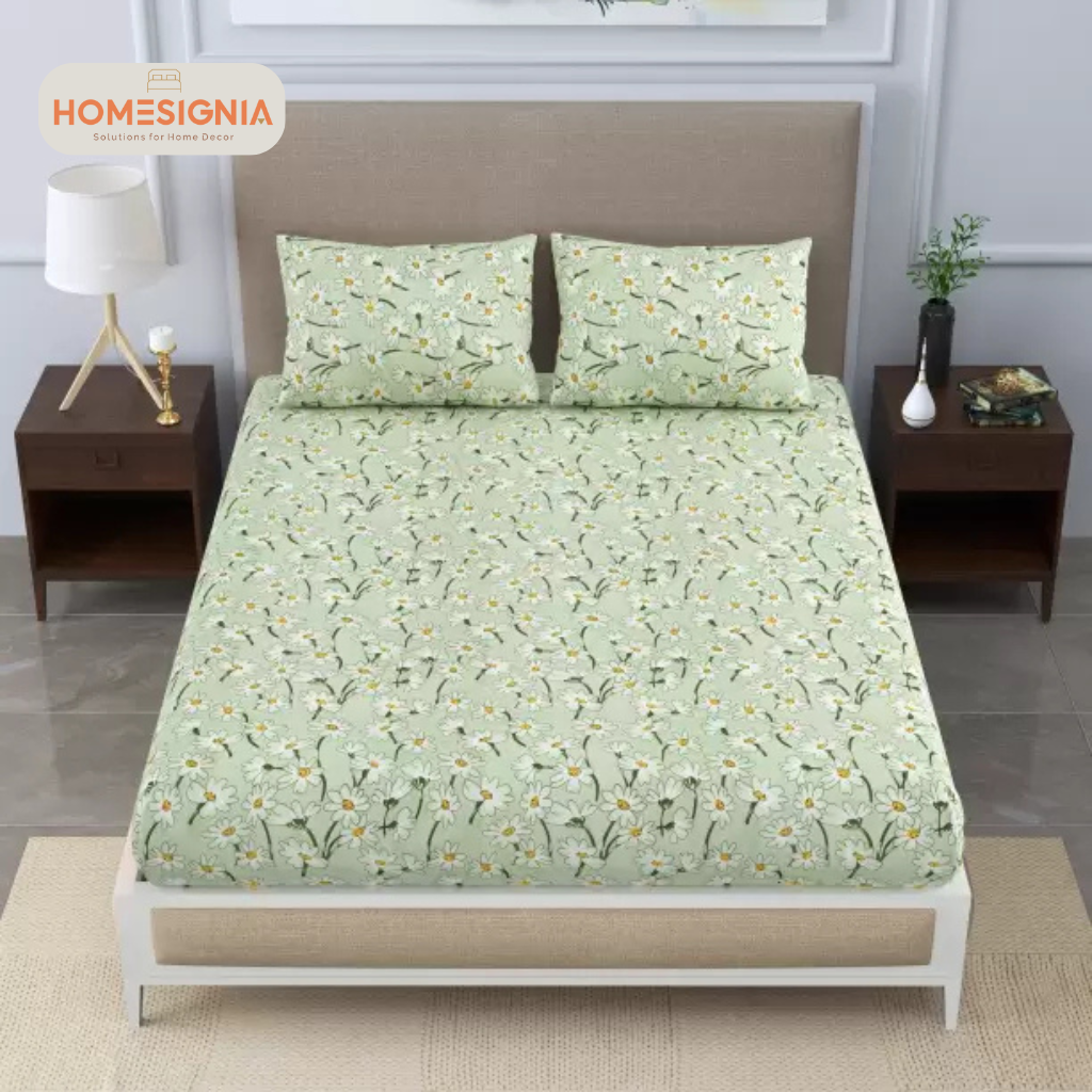 Elastic Green Floral Glazed Cotton King Size Bedsheet with 2 Pillow covers