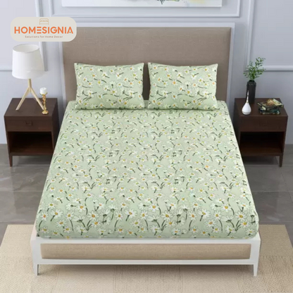 Elastic Green Floral Glazed Cotton King Size Bedsheet with 2 Pillow covers